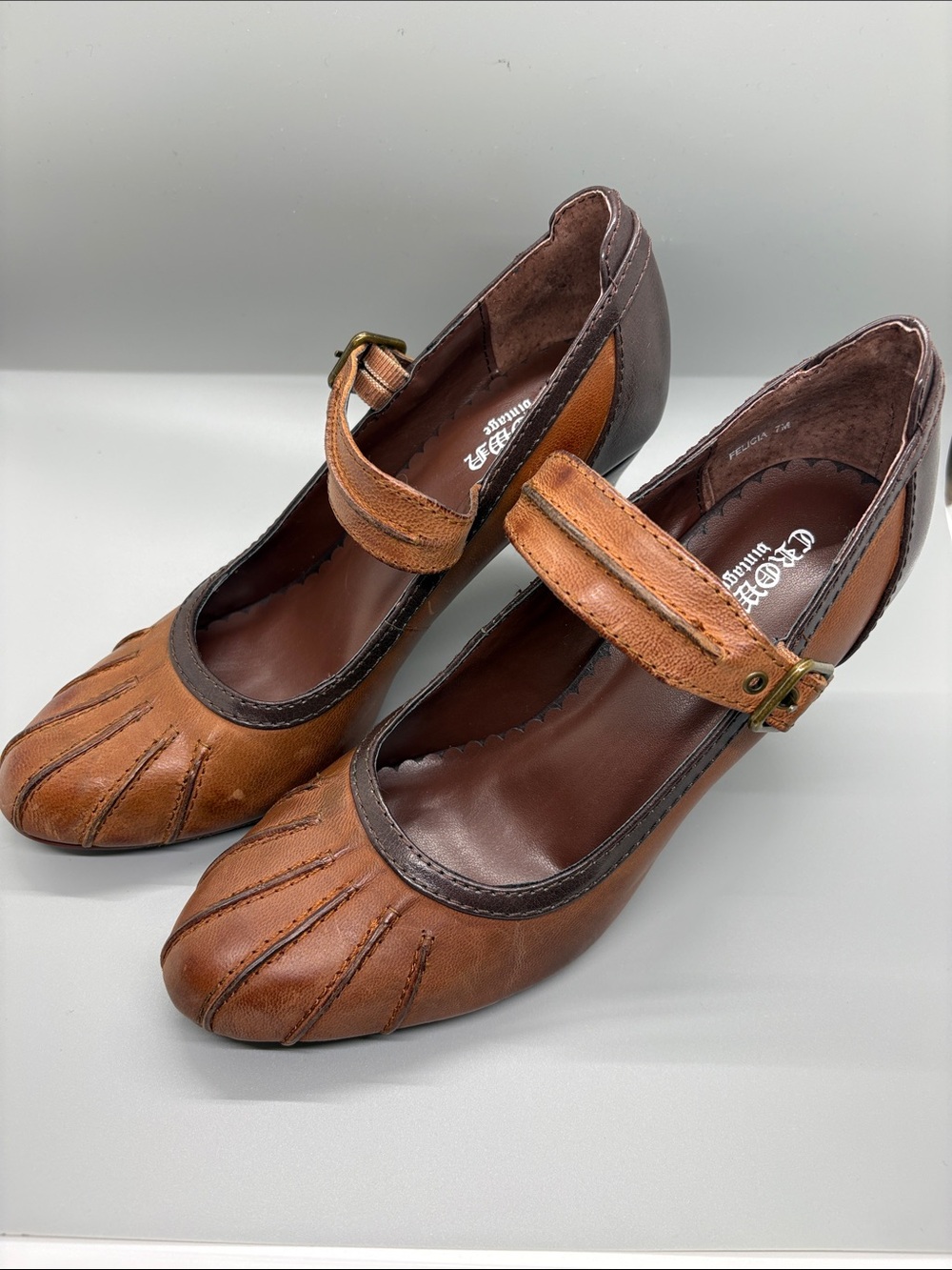 Crown Vintage Two-Tone Tan and Dark Brown Mary Jane Heels - Picture 2 of 11